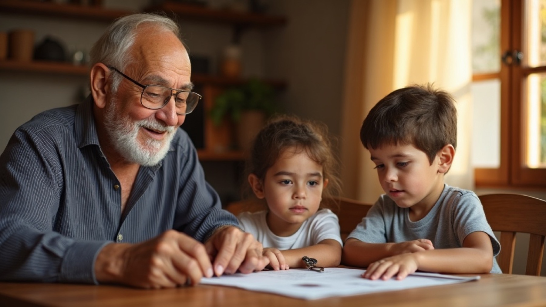 Familia mexicana de tres generaciones revisando documentos patrimoniales en casa, transmitiendo confianza y tranquilidad