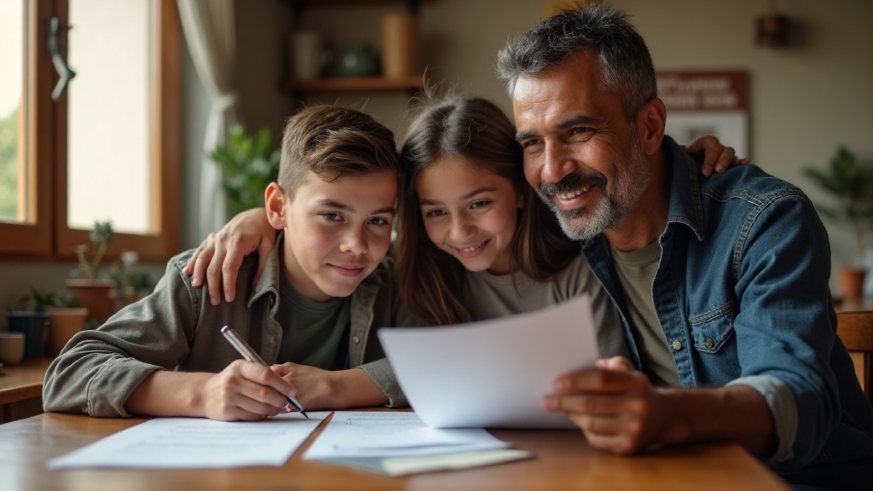 Padre mexicano revisando documentos de patrimonio en casa junto a sus dos hijos